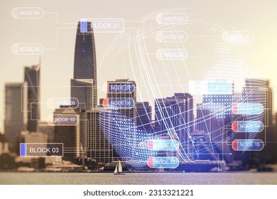 Multi exposure of abstract programming language hologram and world map on San Francisco office buildings background, artificial intelligence and neural networks concept
