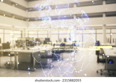 Multi exposure of abstract programming language hologram and world map on a modern furnished office interior background, artificial intelligence and neural networks concept