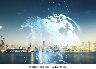 Multi exposure of abstract programming language hologram and world map on Chicago office buildings background, artificial intelligence and neural networks concept