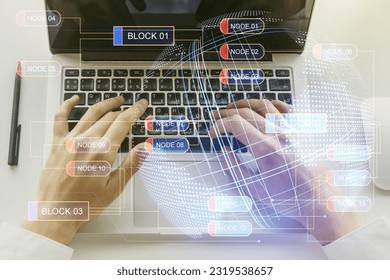Multi exposure of abstract programming language hologram with world map and hands typing on computer keyboard on background, artificial intelligence and neural networks concept