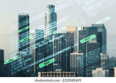 Multi exposure of abstract programming language hologram on Los Angeles office buildings background, artificial intelligence and machine learning concept