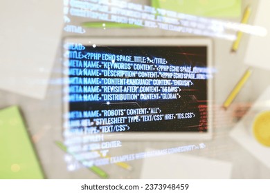Multi exposure of abstract programming language hologram and modern digital tablet on background, artificial intelligence and machine learning concept - Powered by Shutterstock - Get 15% off with code: PIKWIZARD15