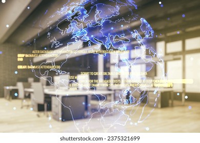 Multi exposure of abstract programming language hologram and world map on a modern furnished office interior background, artificial intelligence and neural networks concept