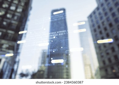 Multi exposure of abstract programming language hologram on blurry cityscape background, artificial intelligence and machine learning concept