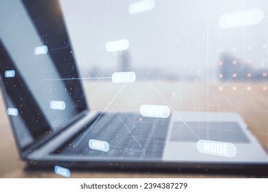 Multi exposure of abstract programming language hologram on computer background, artificial intelligence and machine learning concept