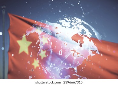 Multi exposure of abstract programming language hologram and world map on flag of China and blue sky background, artificial intelligence and neural networks concept