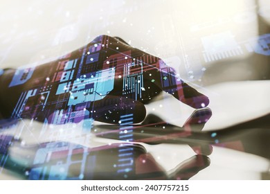 Multi exposure of abstract programming language hologram and hand working with a digital tablet on background, artificial intelligence and machine learning concept - Powered by Shutterstock - Get 15% off with code: PIKWIZARD15