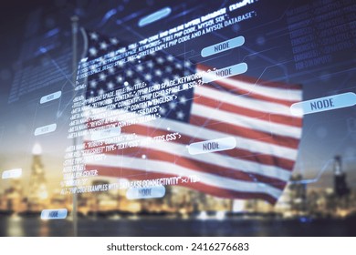 Multi exposure of abstract programming language hologram on US flag and city background, artificial intelligence and machine learning concept