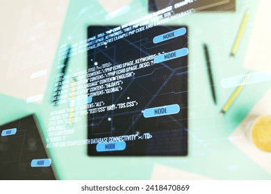 Multi exposure of abstract programming language hologram and modern digital tablet on background, artificial intelligence and machine learning concept