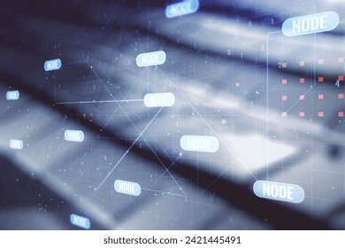 Multi exposure of abstract programming language hologram on shiny metal background, artificial intelligence and machine learning concept