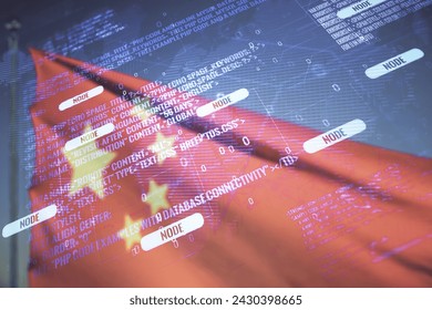 Multi exposure of abstract programming language hologram and world map on flag of China and blue sky background, artificial intelligence and neural networks concept