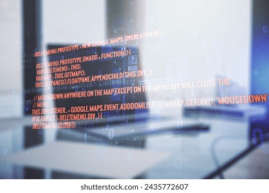 Multi exposure of abstract programming language hologram on computer background, artificial intelligence and machine learning concept