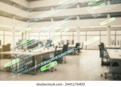 Multi exposure of abstract programming language hologram on a modern furnished office interior background, artificial intelligence and machine learning concept
