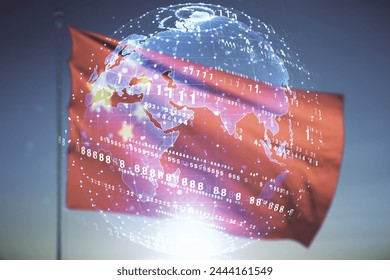 Multi exposure of abstract programming language hologram and world map on flag of China and blue sky background, artificial intelligence and neural networks concept