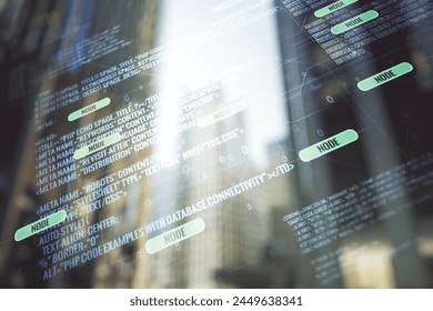 Multi exposure of abstract programming language hologram on blurry cityscape background, artificial intelligence and machine learning concept