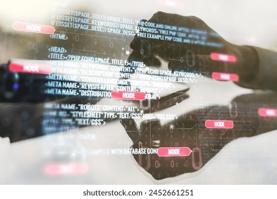 Multi exposure of abstract programming language hologram and hand working with a digital tablet on background, artificial intelligence and machine learning concept