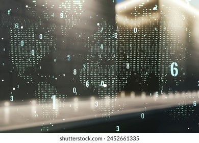 Multi exposure of abstract programming language hologram and world map on contemporary business center exterior background, artificial intelligence and neural networks concept - Powered by Shutterstock