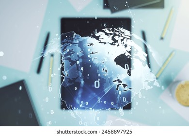 Multi exposure of abstract programming language hologram with world map and modern digital tablet on background, artificial intelligence and neural networks concept
