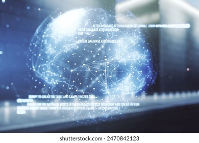 Multi exposure of abstract programming language hologram and world map on contemporary business center exterior background, artificial intelligence and neural networks concept - Powered by Shutterstock - Get 15% off with code: PIKWIZARD15