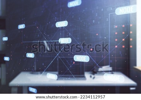 Multi exposure of abstract programming language hologram and modern desk with computer on background, artificial intelligence and machine learning concept
