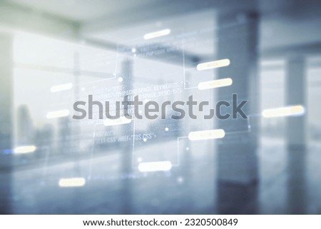 Multi exposure of abstract programming language hologram on abstract empty interior background, artificial intelligence and machine learning concept
