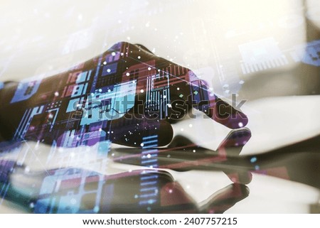 Multi exposure of abstract programming language hologram and hand working with a digital tablet on background, artificial intelligence and machine learning concept
