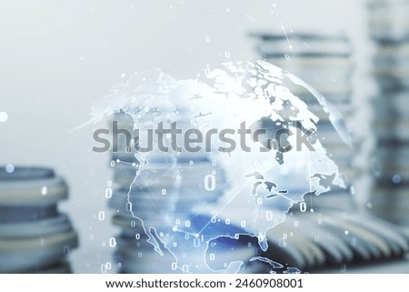 Multi exposure of abstract programming language hologram and world map on growing coins stacks background, artificial intelligence and neural networks concept