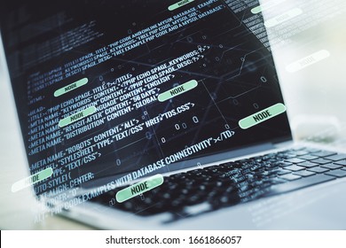 Multi exposure of abstract software development hologram on laptop background, research and analytics concept