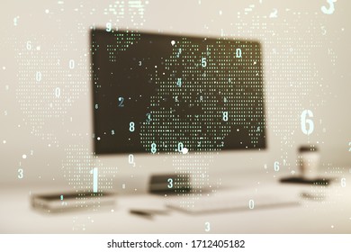 Multi exposure of abstract software development hologram with world map on laptop background, global research and analytics concept