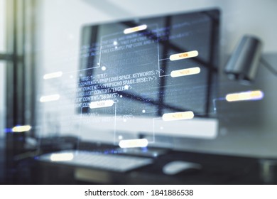 Multi exposure of abstract software development hologram on laptop background, research and analytics concept