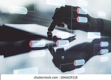 Multi exposure of abstract software development hologram and finger presses on a digital tablet on background, research and analytics concept