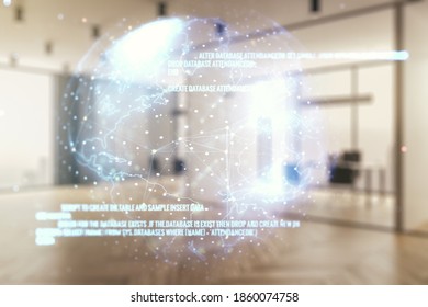 Multi exposure of abstract software development hologram and world map on modern corporate office background, global research and analytics concept