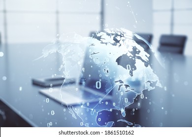 Multi exposure of abstract software development hologram with world map on laptop background, global research and analytics concept