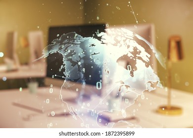 Multi exposure of abstract software development hologram with world map on laptop background, global research and analytics concept
