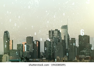 Multi exposure of abstract software development hologram and world map on Los Angeles skyscrapers background, global research and analytics concept