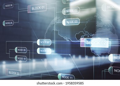 Multi exposure of abstract software development hologram and world map on modern business center exterior background, global research and analytics concept