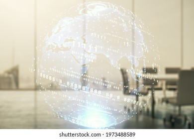 Multi exposure of abstract software development hologram and world map on a modern meeting room background, global research and analytics concept