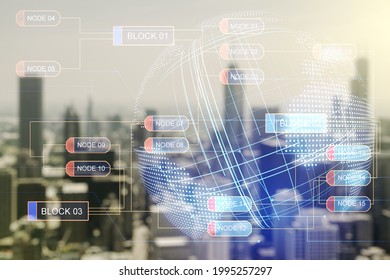 Multi exposure of abstract software development hologram and world map on blurry cityscape background, global research and analytics concept