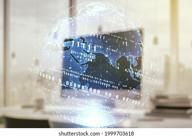 Multi exposure of abstract software development hologram with world map on laptop background, global research and analytics concept