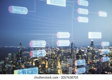 Multi exposure of abstract software development hologram on Chicago skyscrapers background, research and analytics concept