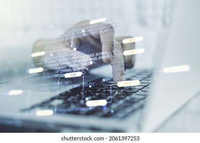 Multi Exposure Of Abstract Software Development Hologram And Hands Typing On Computer Keyboard On Background, Research And Analytics Concept