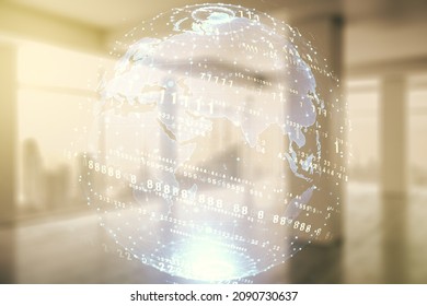 Multi exposure of abstract software development hologram and world map on empty modern office background, global research and analytics concept