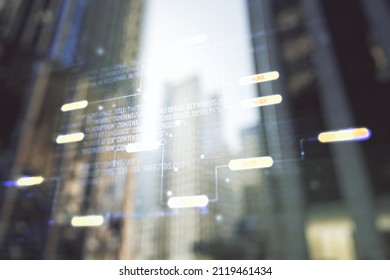 Multi exposure of abstract software development hologram on modern skyscrapers background, research and analytics concept