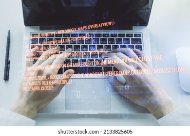 Multi exposure of abstract software development hologram and hands typing on computer keyboard on background, research and analytics concept