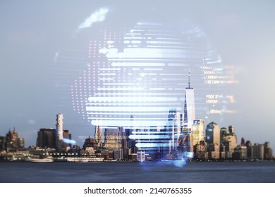 Multi exposure of abstract software development hologram and world map on New York city skyscrapers background, global research and analytics concept