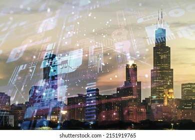 Multi exposure of abstract software development hologram on Chicago skyscrapers background, research and analytics concept