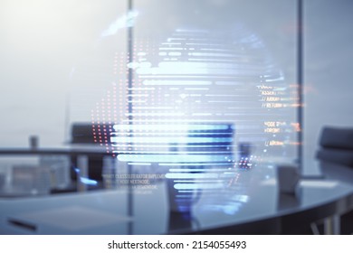 Multi exposure of abstract software development hologram and world map on a modern meeting room background, global research and analytics concept