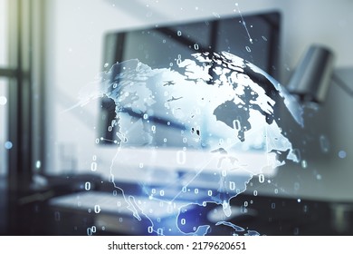 Multi exposure of abstract software development hologram with world map on laptop background, global research and analytics concept