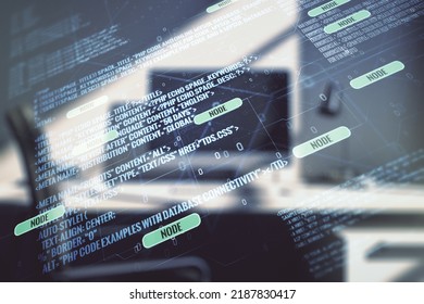 Multi exposure of abstract software development hologram and modern desktop with laptop on background, research and analytics concept