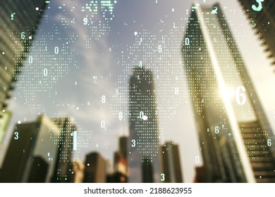 Multi exposure of abstract software development hologram and world map on modern skyscrapers background, global research and analytics concept